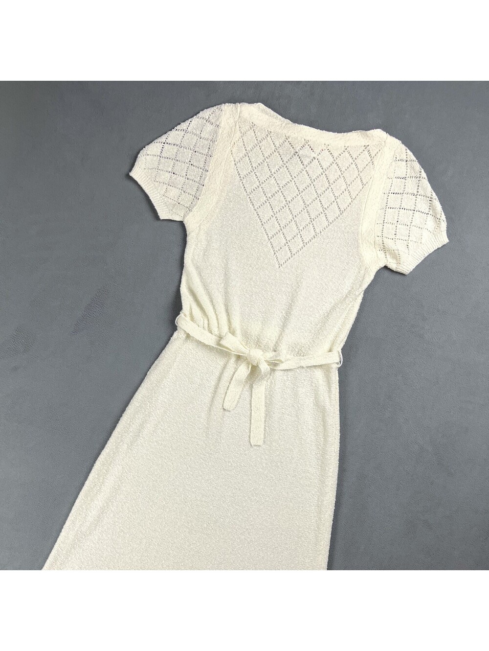 Vintage Short Sleeve Cream Knit Midi Dress, Matching Belt